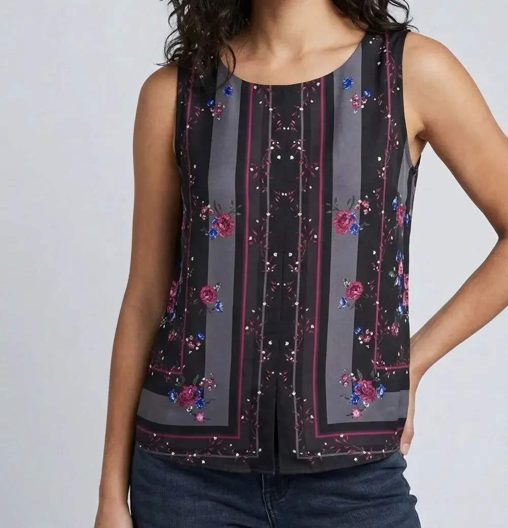 ELLE Womens XS Sleeveless Floral Top Black Polyester Rayon - Picture 1 of 10